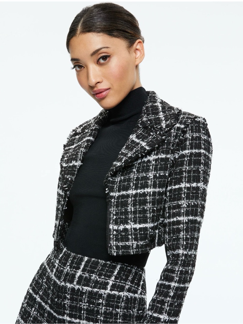 Alice + Olivia Black & White Tweed Cropped Blazer medium